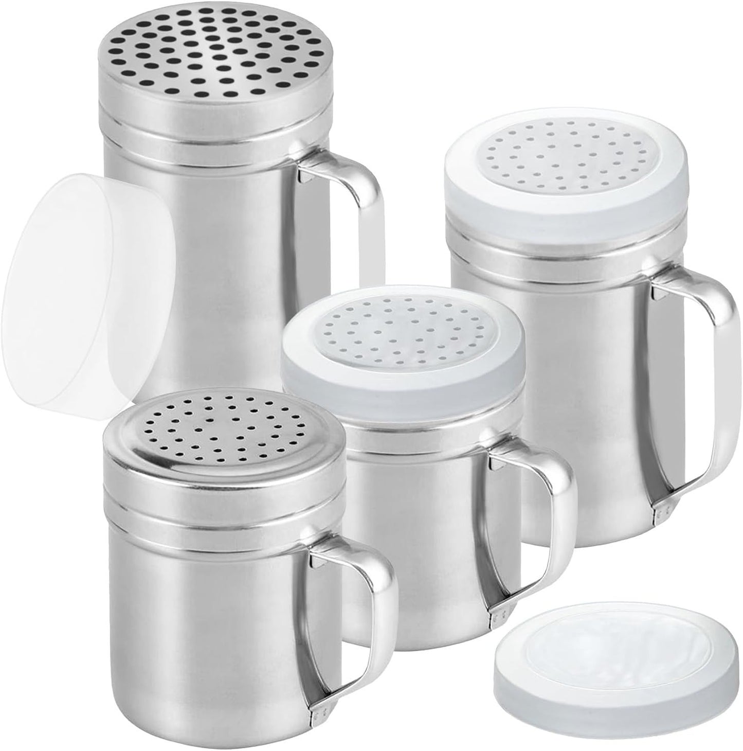 2 Stainless Steel Salt & Pepper Dredge (10 + 14 oz) + 14 ounce Metal Parmesan Cheese Shaker (Large Holes) - with Plastic Caps & Handles Bundle