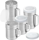 2 Stainless Steel Salt & Pepper Dredge (10 + 14 oz) + 14 ounce Metal Parmesan Cheese Shaker (Large Holes) - with Plastic Caps & Handles Bundle