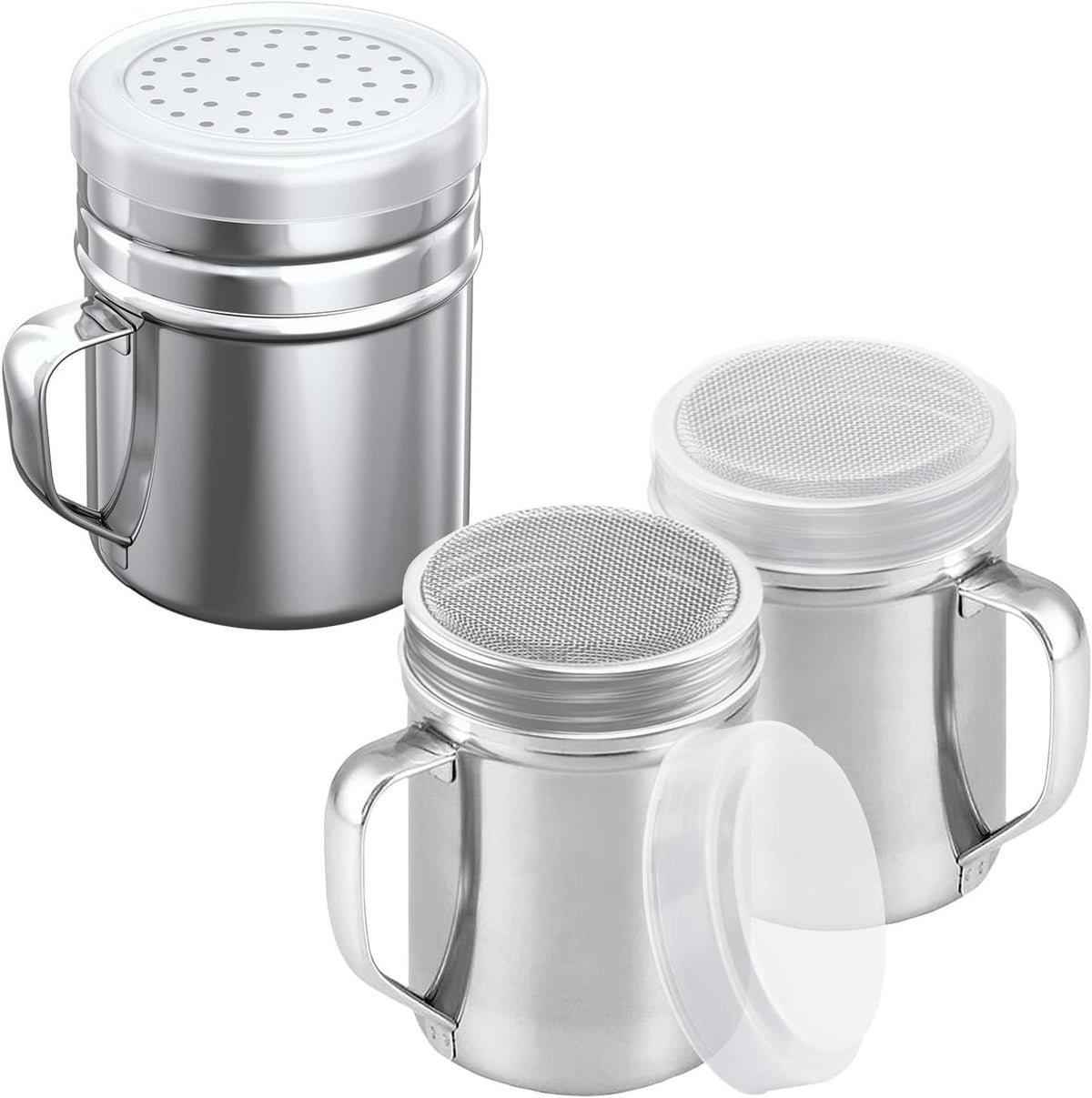 [2-pcs] 6oz Powdered Sugar Shakers (ine Mesh) + [1-pcs] 10oz Stainless Steel Salt Pepper Dredge Shaker - with Plastic Caps & Handles Bundle
