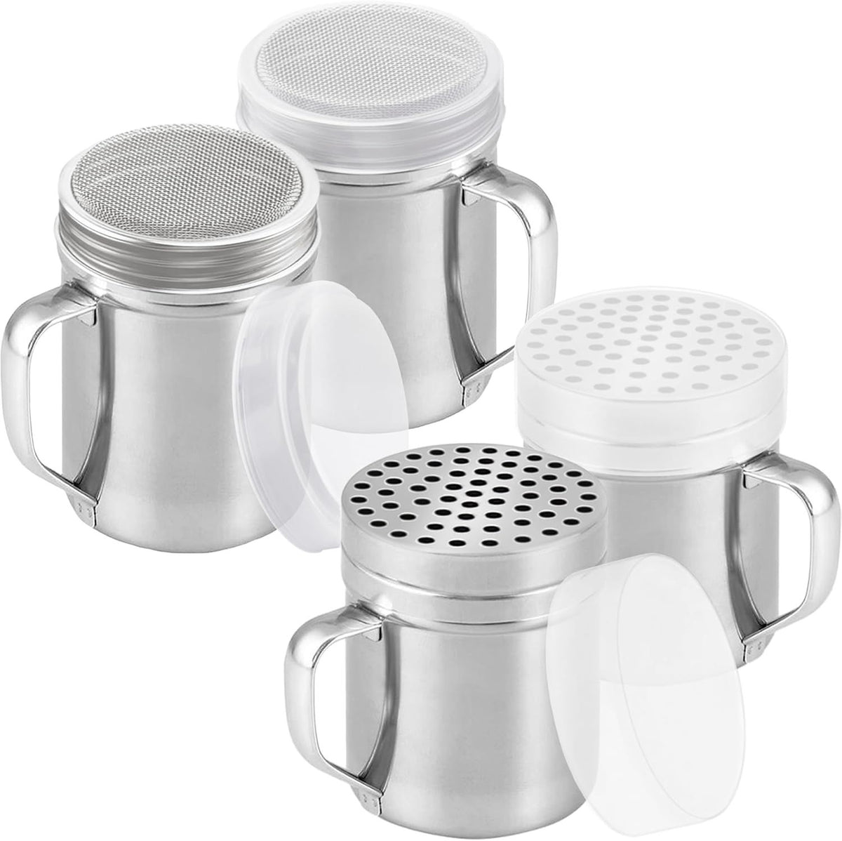 [2-pack] 10oz Metal Cheese Shaker with Large Holes, [2-pack] 10oz Powdered Sugar Shaker with ine Mesh - With Handle and Lids