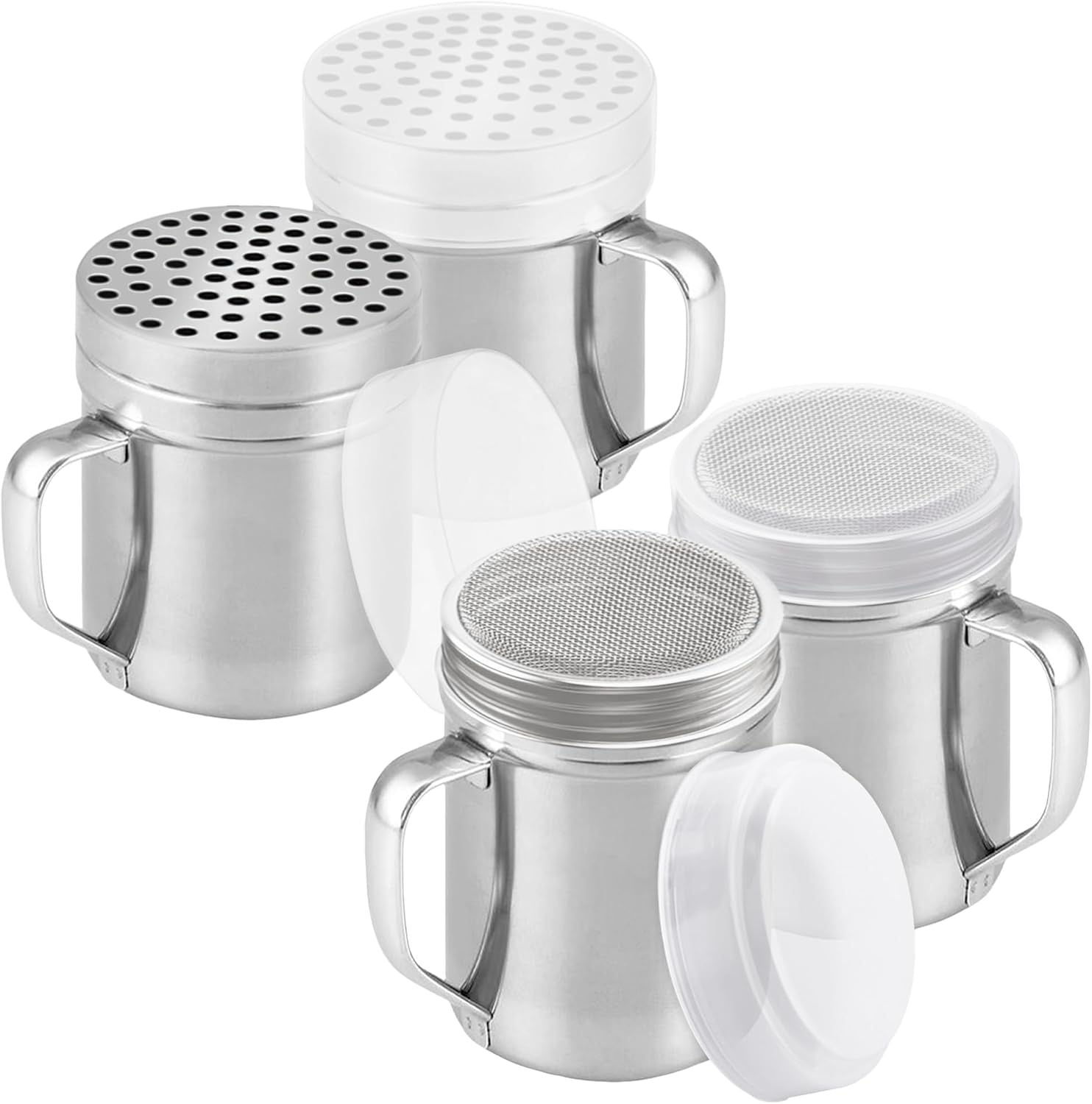 [2-pack] 6oz Powdered Shaker with ine Mesh, [2-pack] 10oz Metal Parmesan Cheese Shaker with Large Holes - with Handle and Plastic Cap