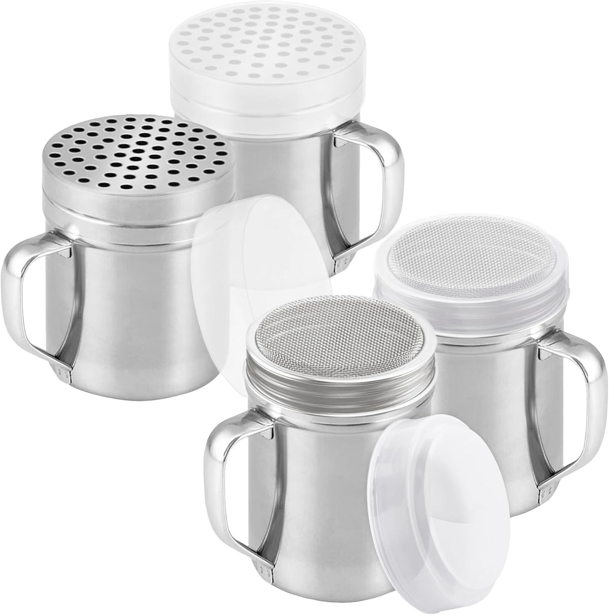 [2-pack] 6oz Powdered Shaker with ine Mesh, [2-pack] 10oz Metal Parmesan Cheese Shaker with Large Holes - with Handle and Plastic Cap