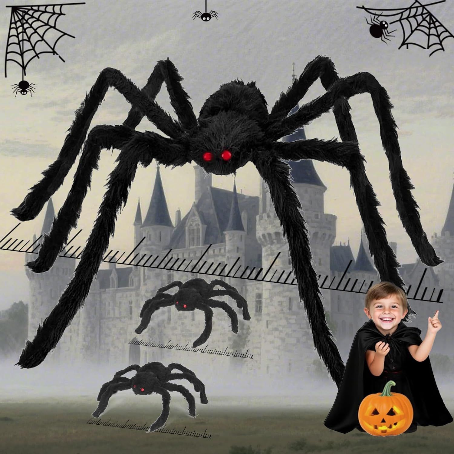 Giant Spider 6.6 t + 0.98 t*2, Halloween Decorations 78" ake Halloween Decor Spiders Large, urry Spiders or Outdoor Indoor Yard Home Costumes Party House Décor, 3 Pack