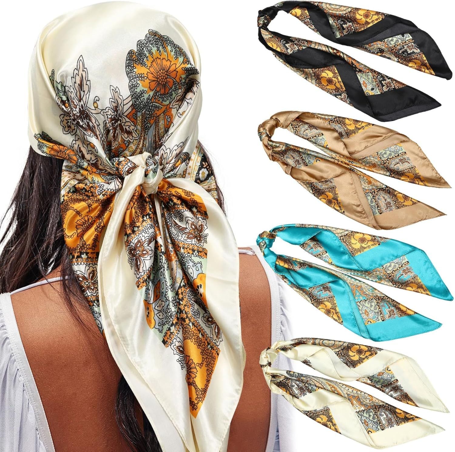 35” Satin Large Square Head Scarves - 4PCS Silk Like Neck Scar Hair Sleeping Wraps Satin Silk Scars or Women