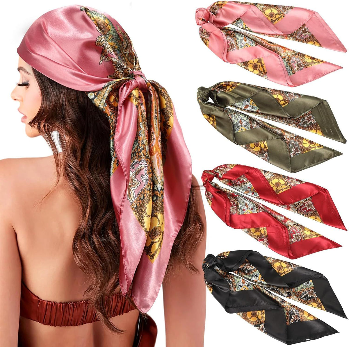 35" Large Silk Hair Scar or Women - 4Pcs Satin Head Scar Square Hair Bandanas loral Wild Rag Sleeping Head Wraps
