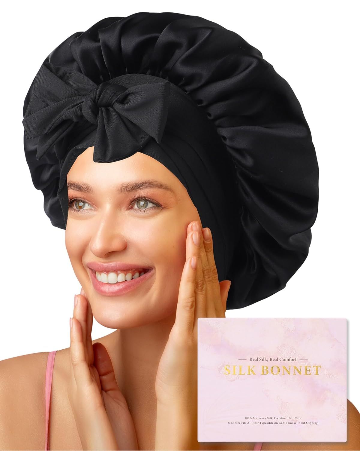 100% Mulberry Silk Hair Bonnet or Women Sleeping with Tie Band 19 Momme Silk Sleep Cap Night (US, Alpha, One Size, Black)