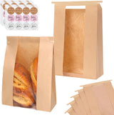 Moretoes 120 Pack Large Paper Bread Bags for Homemade Bread, 13.7x8.3x3.5 Inches, Sourdough Bread Bags with Tin Tie Tab and Clear Front Window, Includes 144 Label Seal Stickers (Brown)