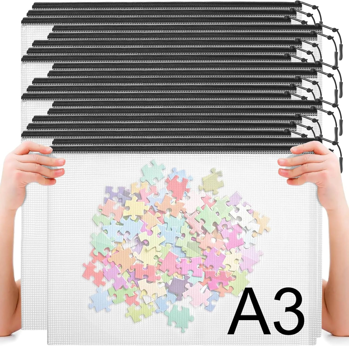 20pcs Plastic Mesh Zipper Pouch Bags, A3 17x12 Inches Extra Large Mesh Bags, Reusable Zipper Pouches for Classroom Office Supplies Organizing, Puzzles & Games, Board Game Organization