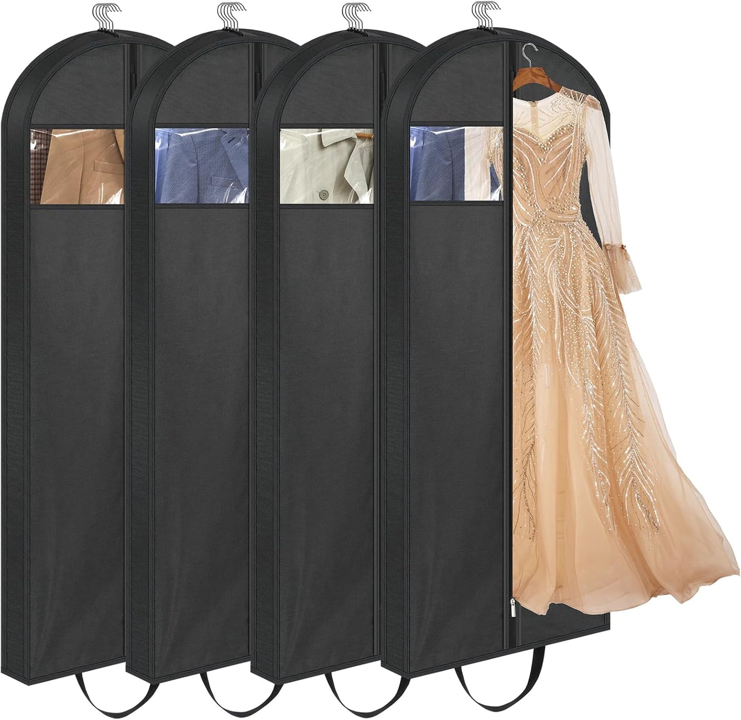LANDNEOO 65" Long Garment Bags for Travel, Dress Bags for Hanging Clothes, Wedding Dress Cover for Women, Closet Storage for Gowns, Coats, Black, 4 Pack