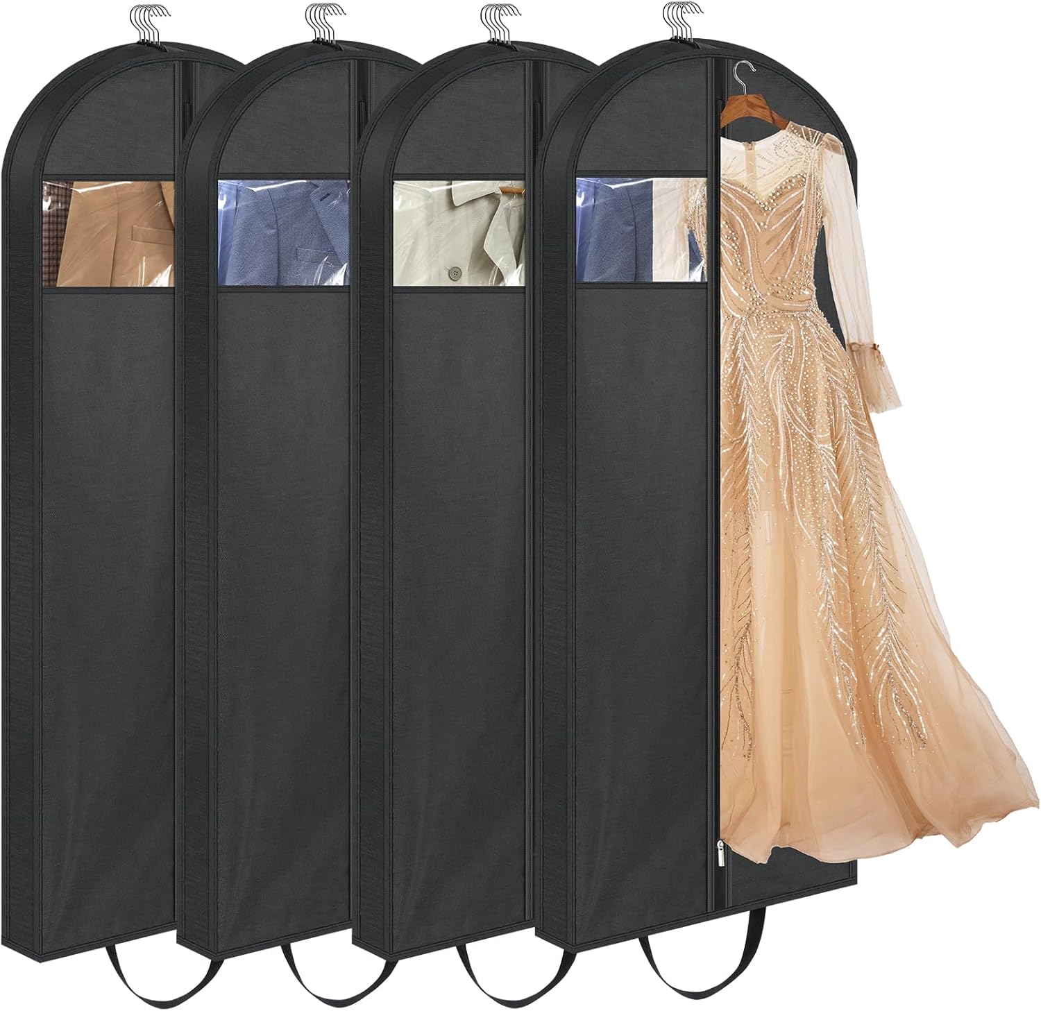 LANDNEOO 65" Long Garment Bags for Travel, Dress Bags for Hanging Clothes, Wedding Dress Cover for Women, Closet Storage for Gowns, Coats, Black, 4 Pack
