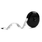 Black retractable tape measure with dual inch and centimeter scales.