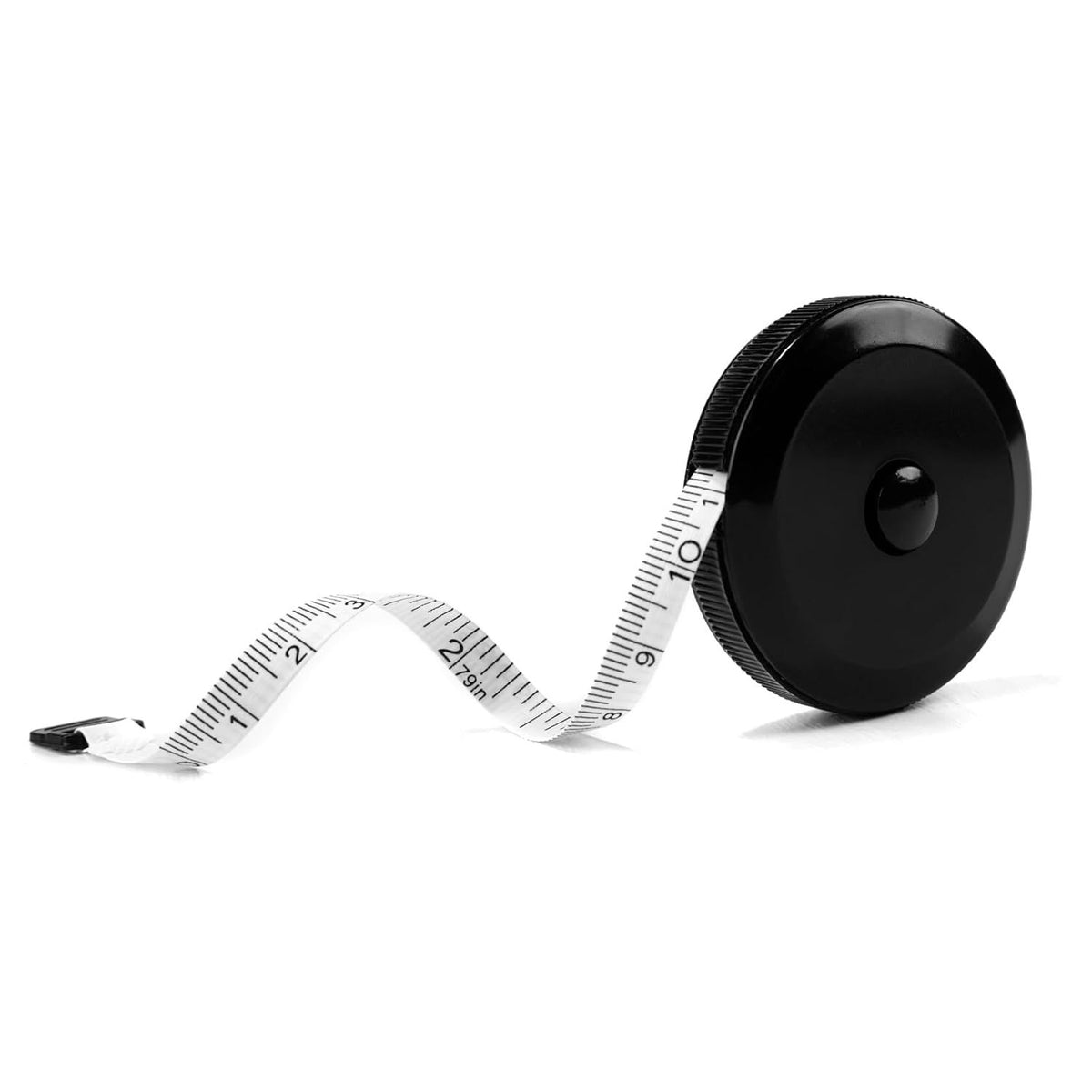 Black retractable tape measure with dual inch and centimeter scales.