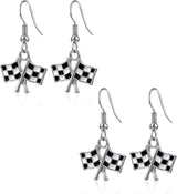 Checkered Flag Earrings,  2 Pairs Checkered Flag Earrings for Women Black and White Race Charm Dangle Earrings Ideal for Women Racing Fans and Race Day Accessories