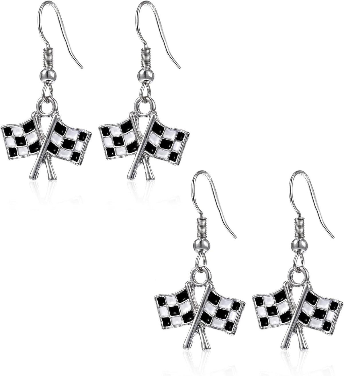 Checkered Flag Earrings,  2 Pairs Checkered Flag Earrings for Women Black and White Race Charm Dangle Earrings Ideal for Women Racing Fans and Race Day Accessories