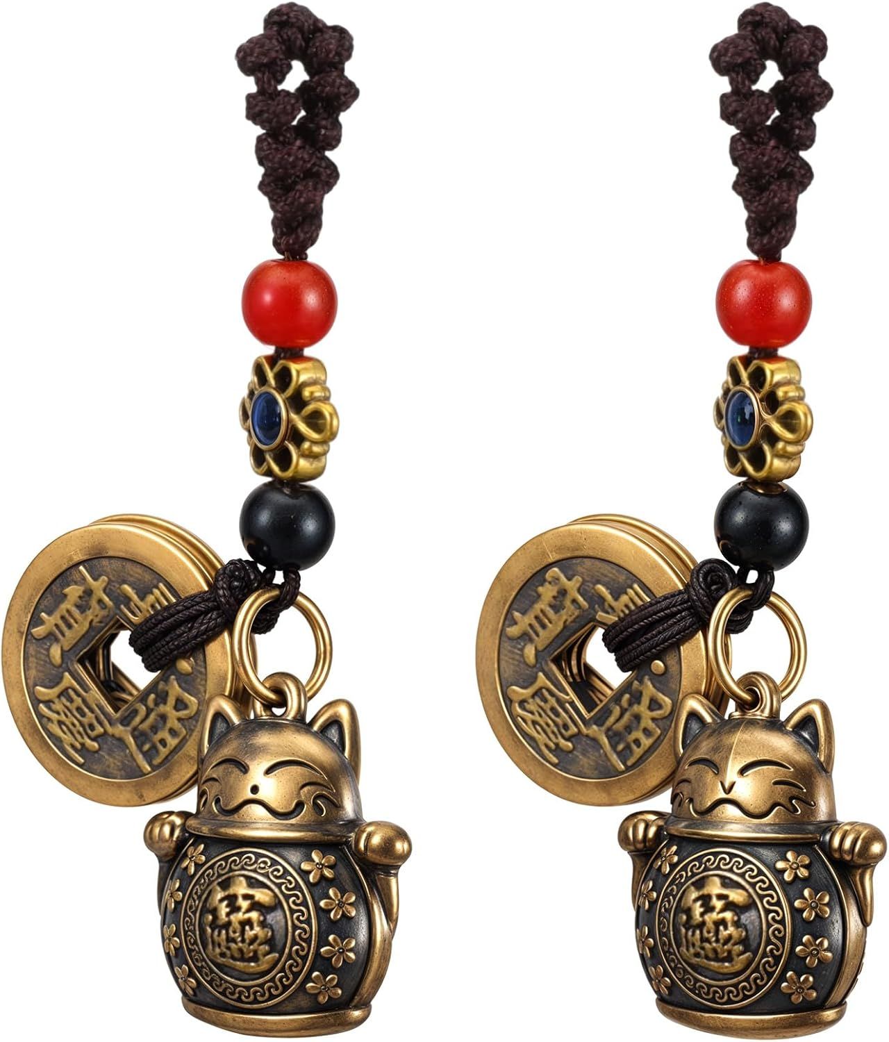 Lucky Cat Keychain, 2 Pcs Japanese Keychain with Feng Shui Coins, Maneki Neko Lucky Cat Charm for Women, Girls, Kids