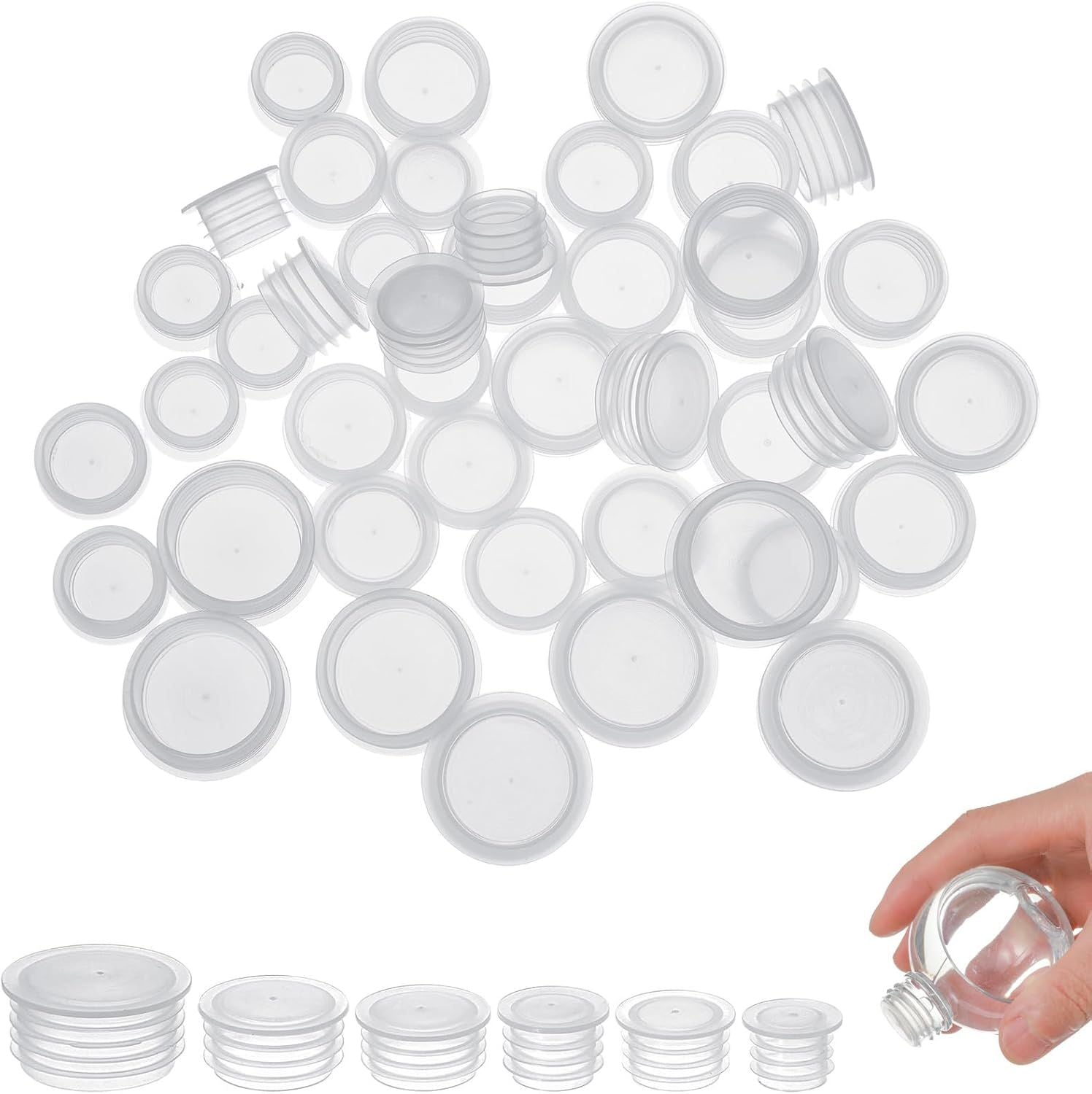 60Pcs Salt and Pepper Stoppers Plugs, 6 Sizes (13/15/17/18/19/23 mm) Plastic Bottle Plugs, Leak-Proof Clear Caps for Spice Containers & Shaker Bottles, Reusable
