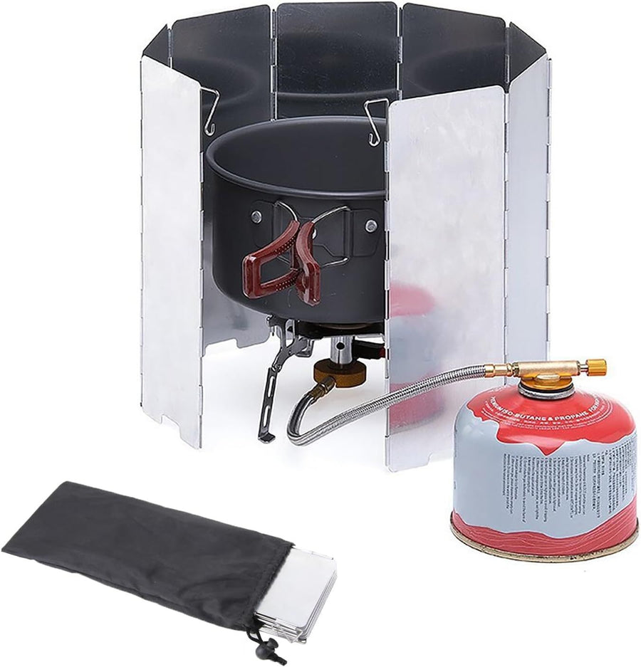Outdoor Stove Windscreen Ultra light Aluminum foldable Camping Stove Windshield with Carrying bag for Butane Stoves Picnic (8 Plates)