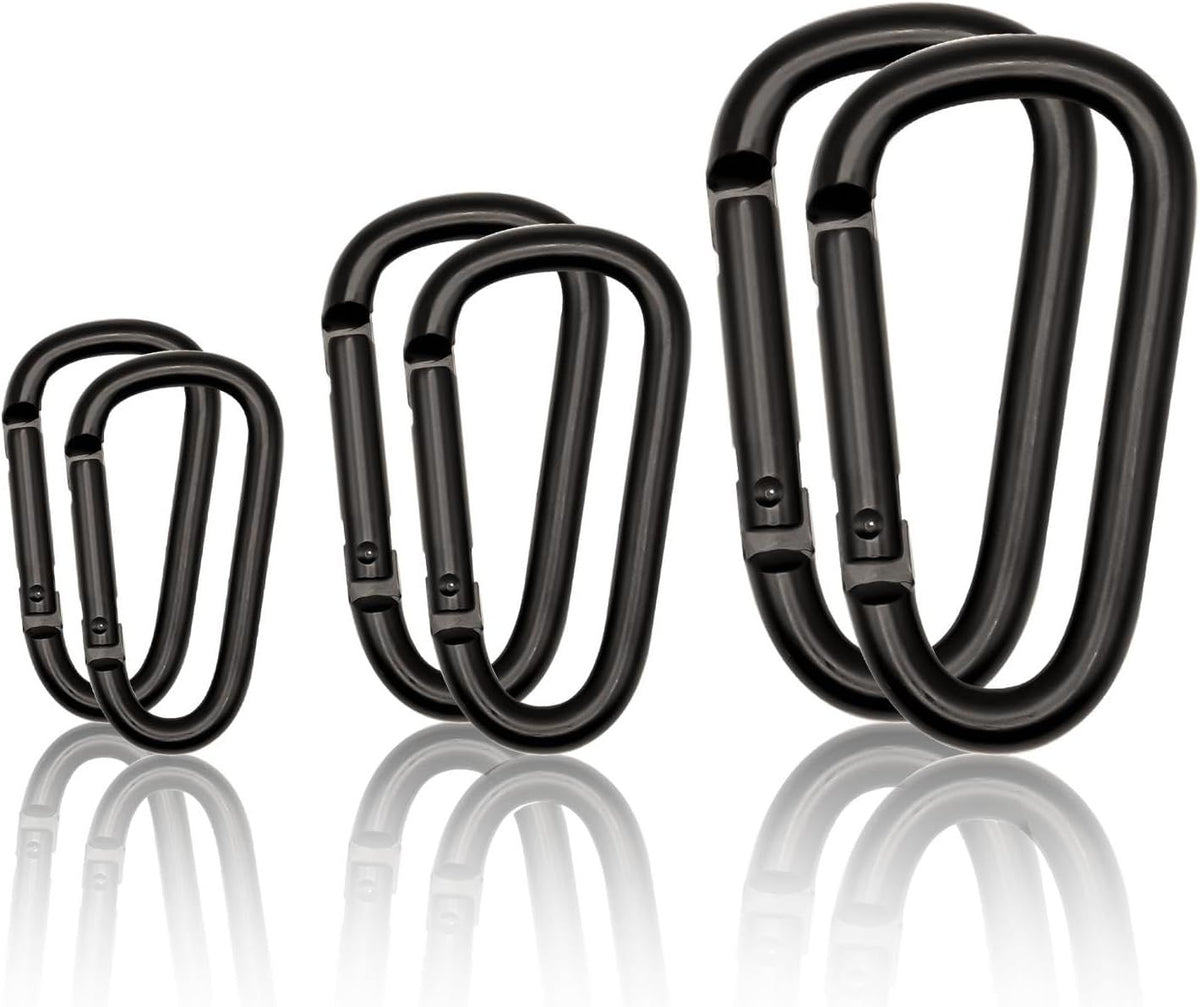 Black Carabiner Clip, Includes Mini 2 Inch Carbineers, Small 2.3" D Ring Clip, Large 3 Inch Carabiner Heavy Duty, Aluminum Caribiner Keychain Hook for Backpack Hiking Camping