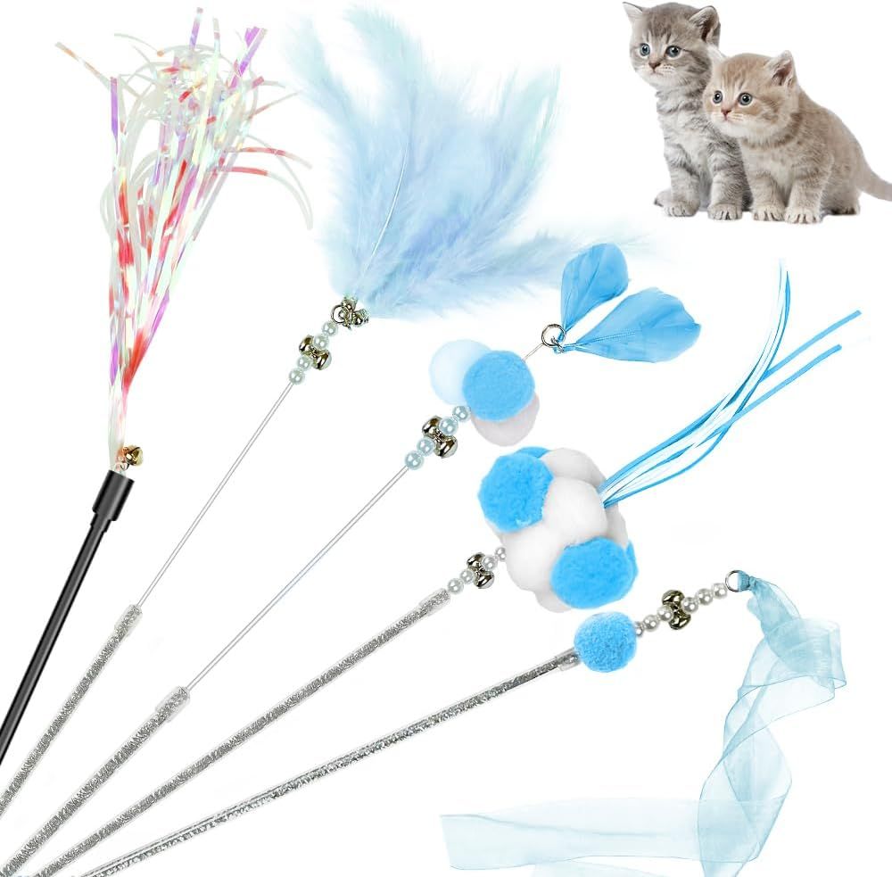 Cat Wand Toys, 5Pcs Interactive Kitten Feather Wand Toys for Bored Indoor Cats, Cat Teaser Wand with Bell and Crinkly Paper, Blue