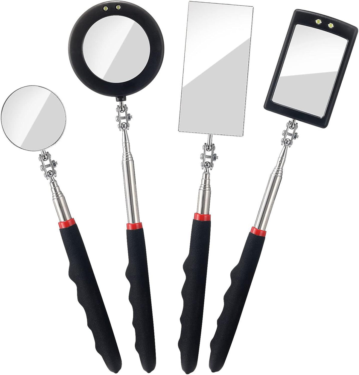 4PCS Telescoping Inspection Mirror LED Lighted Inspection Mirror for Mechanic Checking Vehicle, Car, Eyelashes, Mouth, Small Parts Observation (Extendable, Rectangle & Round)