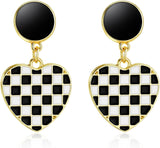 Racing Earrings, 1Pair Heart-Shaped Checkered Earrings for Women for Racing Fans Race Day Gift (Black and White)