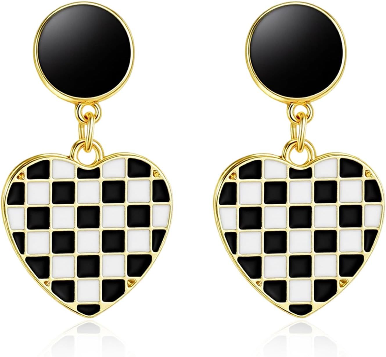 Racing Earrings, 1Pair Heart-Shaped Checkered Earrings for Women for Racing Fans Race Day Gift (Black and White)