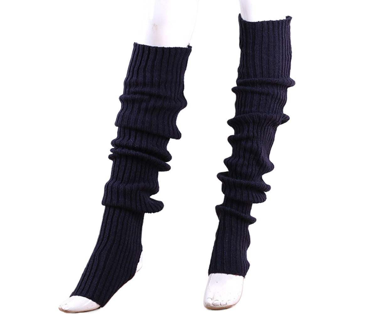 Women Elastic Solid Color Warm Thigh High Long Socks - Navy Blue