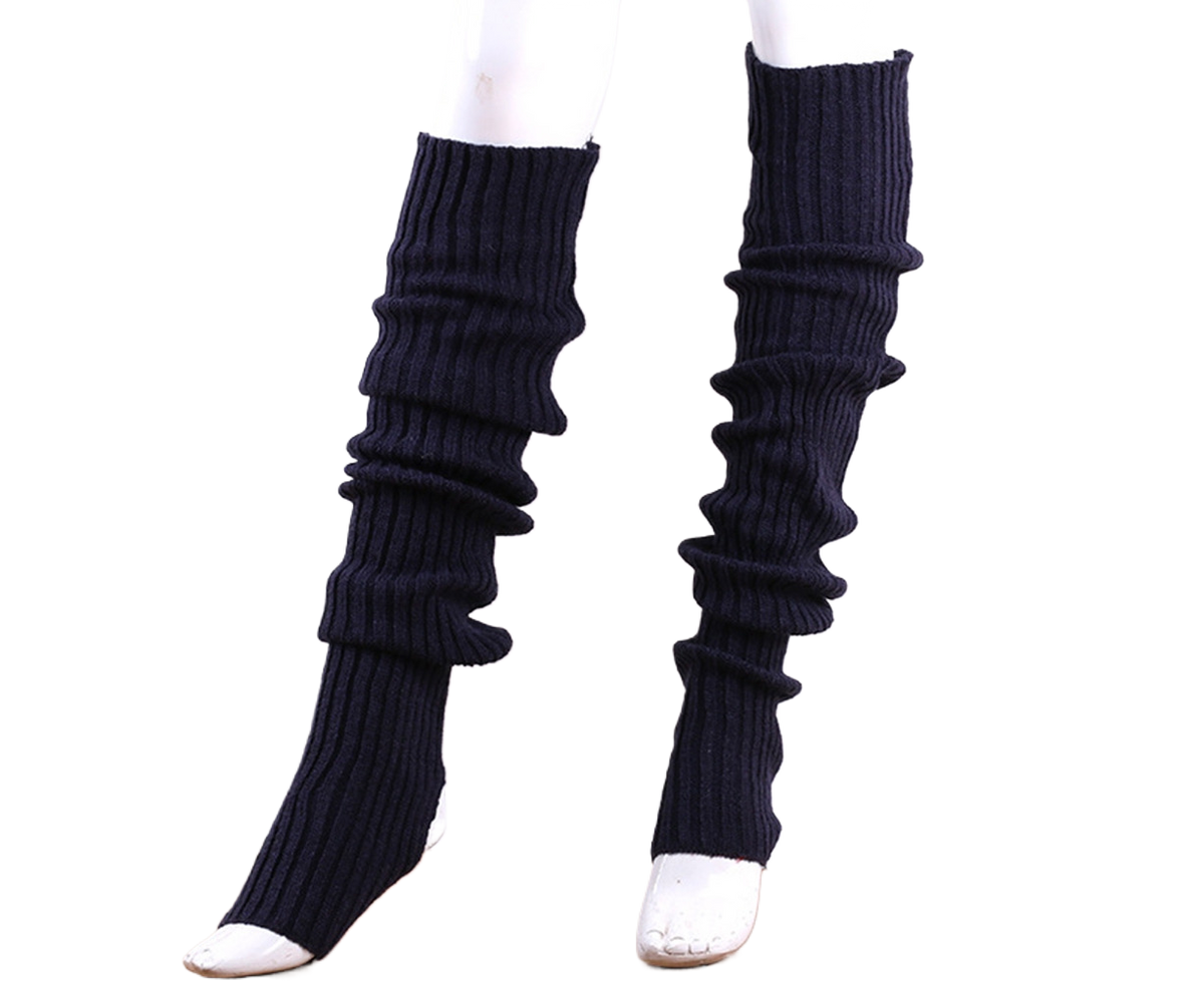 Women Elastic Solid Color Warm Thigh High Long Socks - Navy Blue