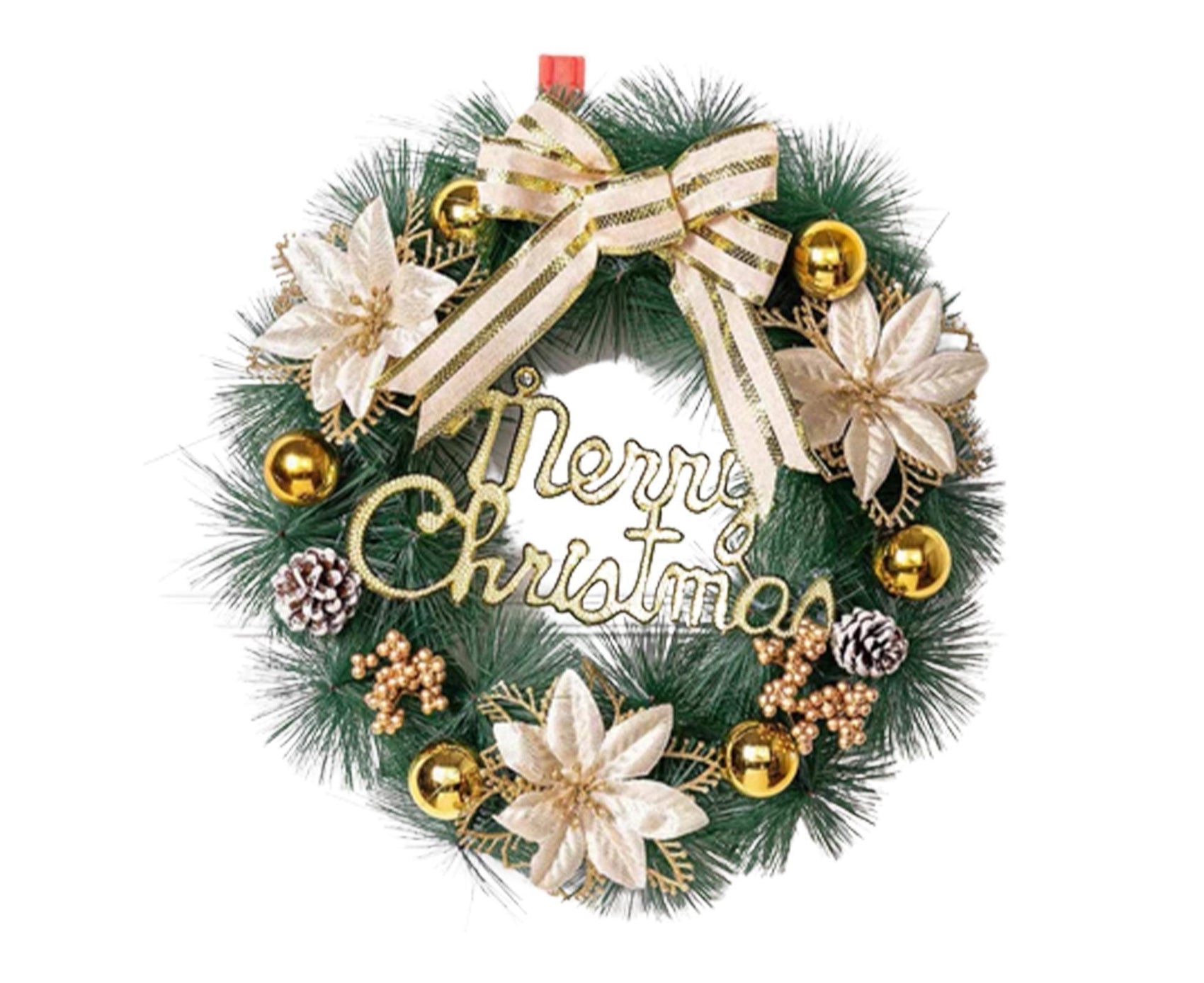 Xmas Wreath with Bow Colored Balls Three Flowers Ornamental Energy Saving Christmas Decoration Ultra-realistic Outdoor Lighted Christmas Wreath for Party-A