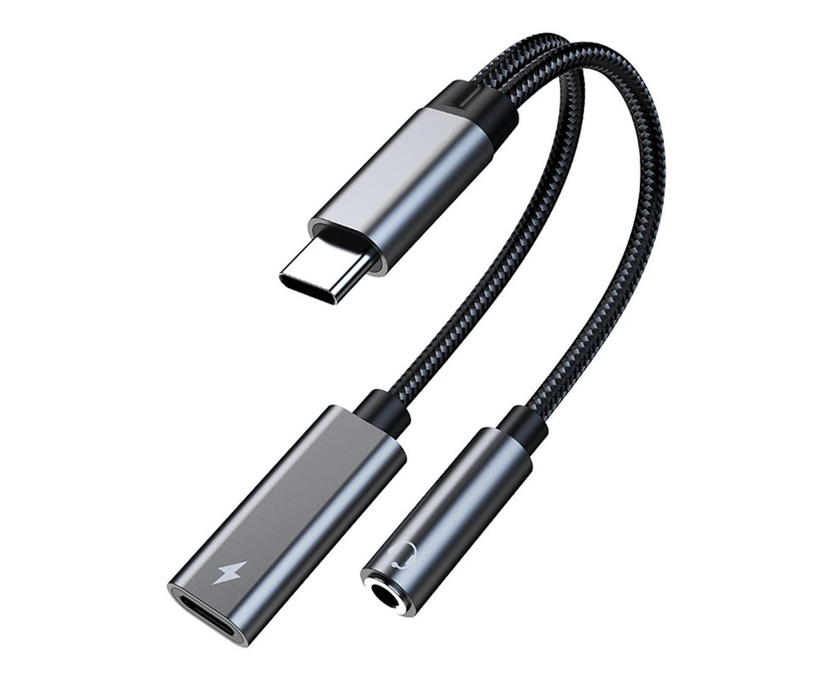 Converter Cable Multifunctional Noise Reduction Braided 2 in 1 Type-C to 3.5mm PD60W Converter Wire for Smartphone Silver Gray