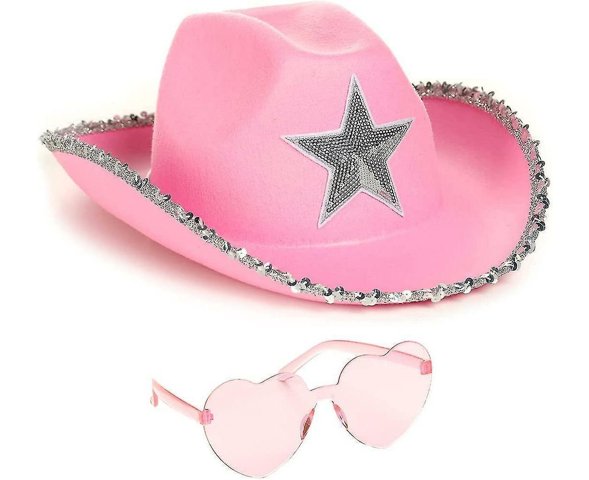 Cowboy Hat Pink Cowgirl Hat With Heart Glasses - Pink Cowboy Hat With Silver Sequin Star - Halloween Decor Cow