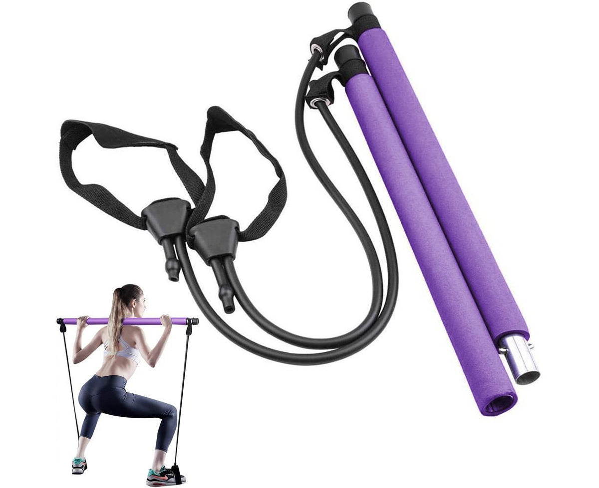 Pilates Exercise Stick Kit,Portable Compact 3-Section Yoga Resistance Bands for Legs and Butt, Pilates Bar with Foot Strap for Full Body Workout - Purple