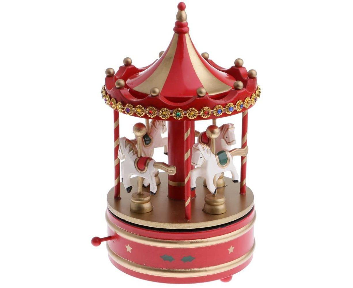 Vintage Carousel 4 Horses Winding Mechanical Music Box Toy-Red