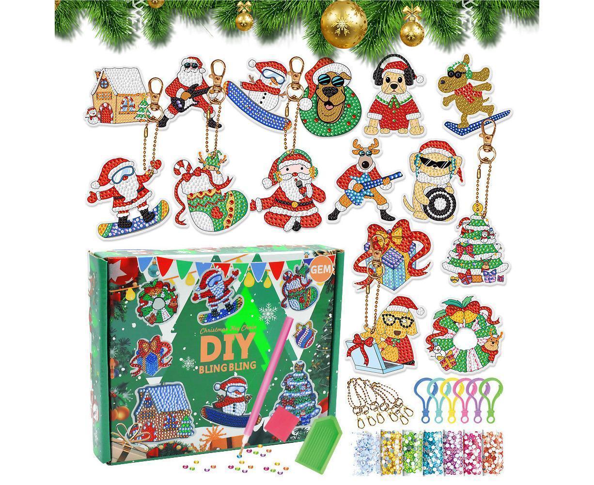 15Pcs Christmas Dot Drill Decorative Painting Keychain Decor DIY Crystal Key Ring Pendant Gift