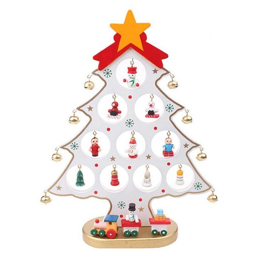 Funny Desktop Wooden Christmas Tree Decor Set with 10 Mini Ornaments - White