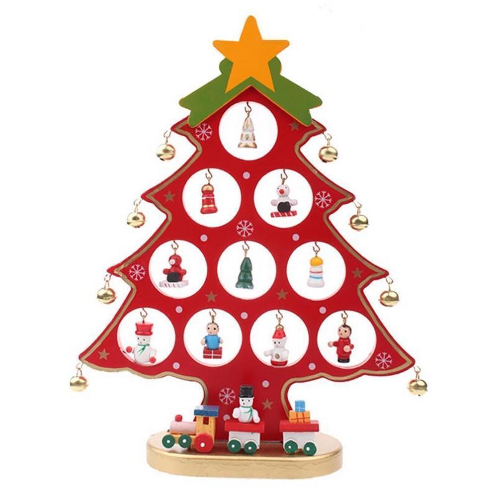 Funny Desktop Wooden Christmas Tree Decor Set with 10 Mini Ornaments - Red