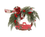 Christmas Wreath Front Door Wreath Decoration Red Truck Wreath Fall Farmhouse Wreath Indoor Outdoor, Artificial Wreath Welcome Wreath Retro Plaid Bow-Knot