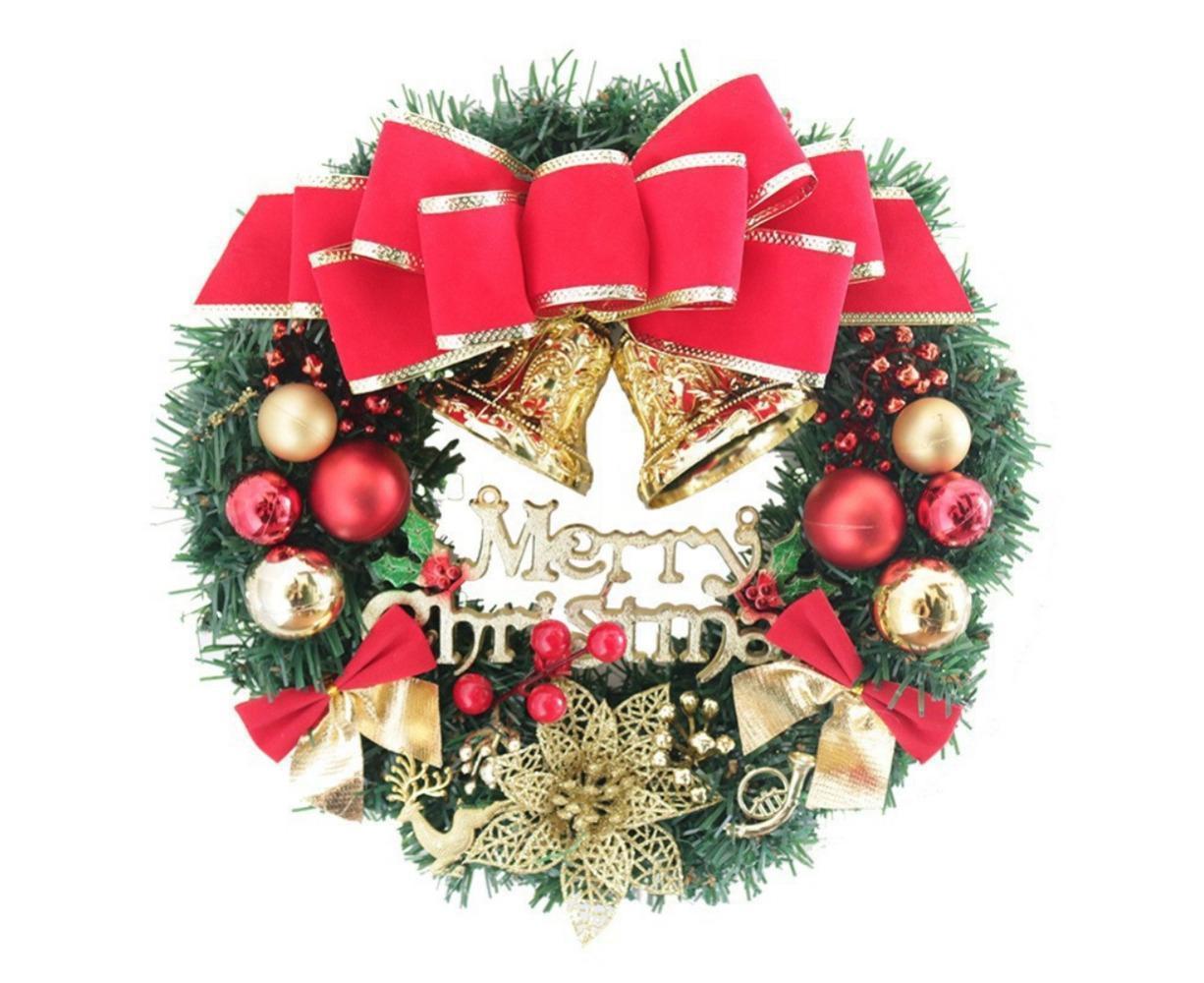 Christmas Wreath Merry Christmas Front Door Ornament Wall Artificial Pine Garland for Party Decor - red - 30cm