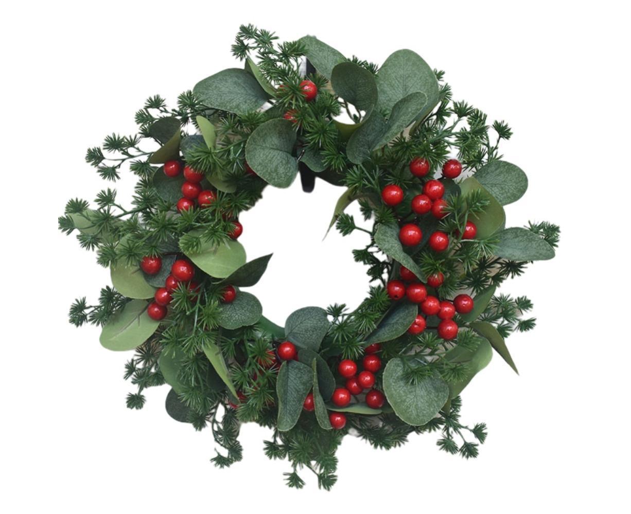 Christmas Wreath Winter Wreath with Red Jingle Bells and Berries Door Wreath with Artificial Snow Christmas Decorations with Pine Branches - 30CM