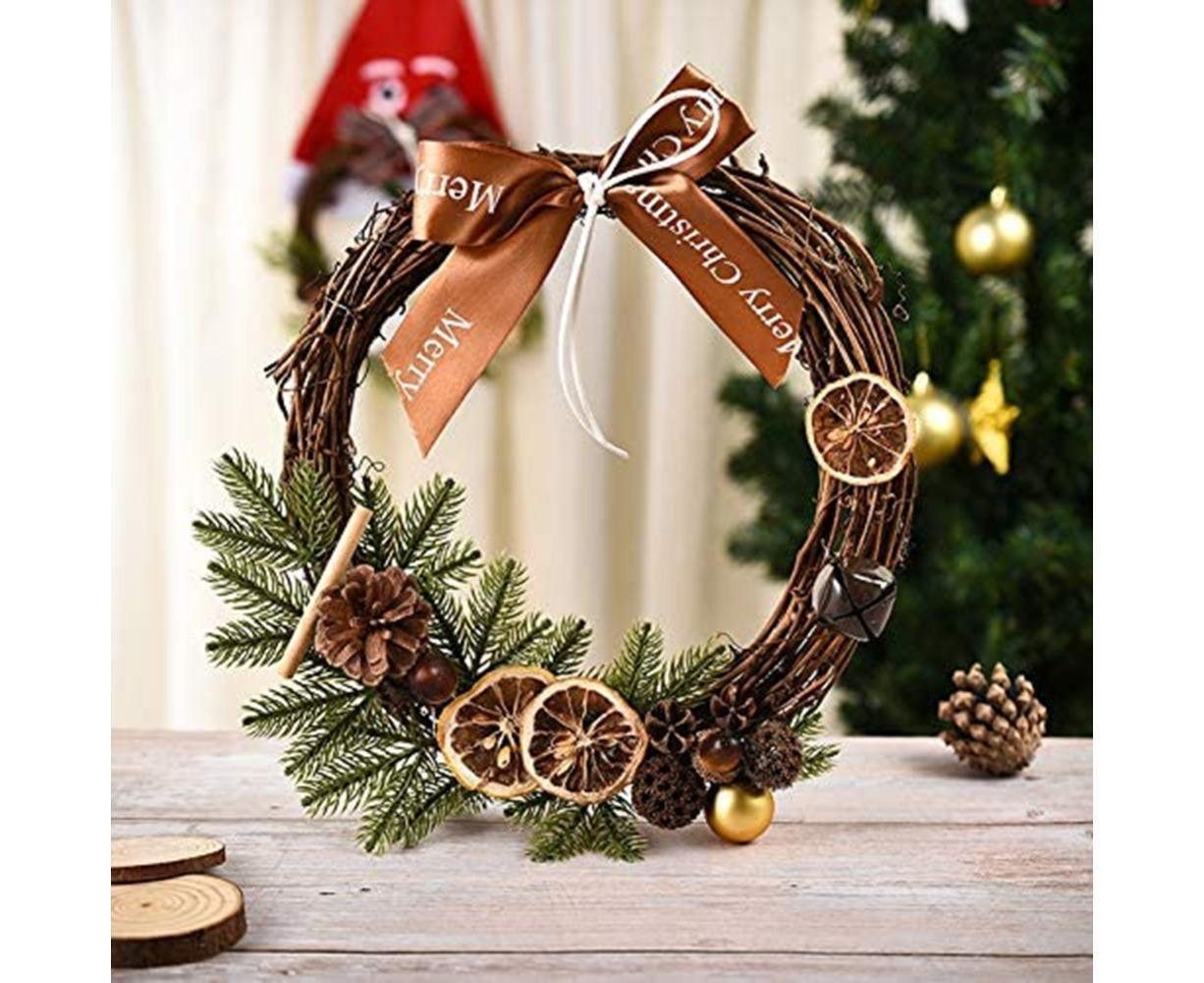 Farmhouse Wreath Boho Wreath, Artificial Pine & Golden Bell Wreath, Tree Hanging Garland Holiday Wreath