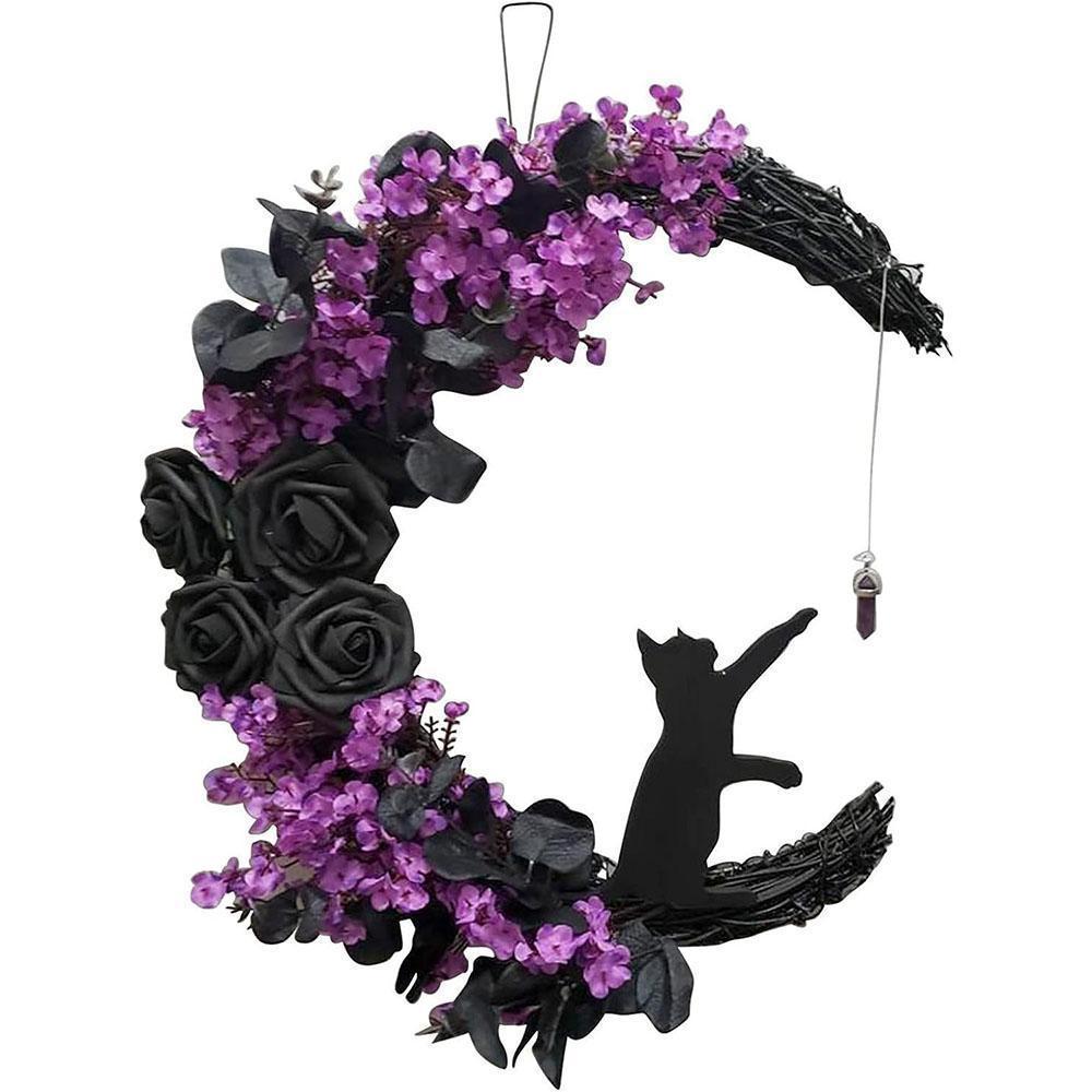 2pcs Halloween Moon Cat Garland with Rose, Black Cat Moon Wreath, Halloween Outdoor Decorations Variant Colour Value Multi