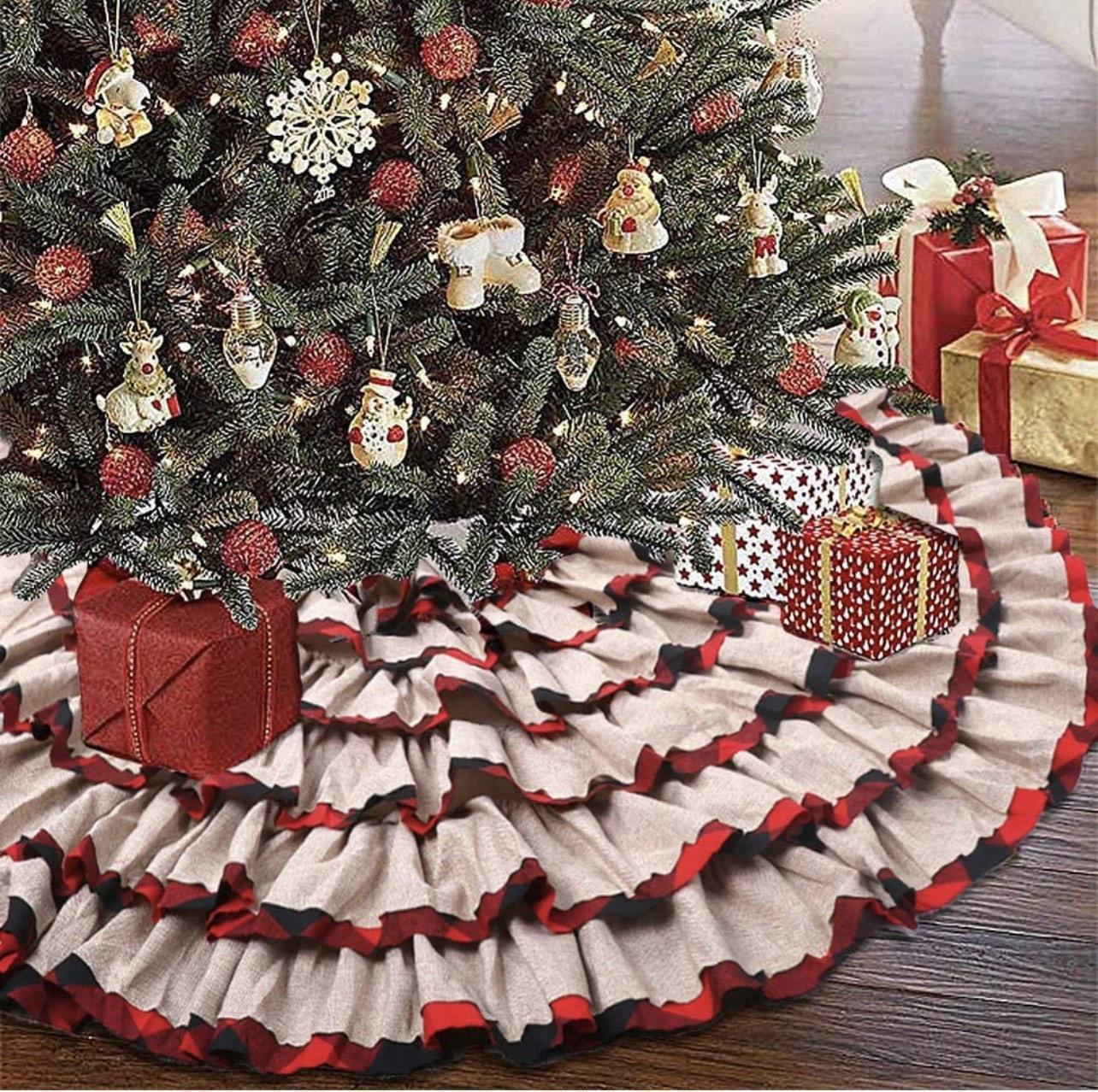 Plaid Christmas Tree Skirt 48 Inch, 6 Layers Red and Black Ruffled Christmas Tree Skirt