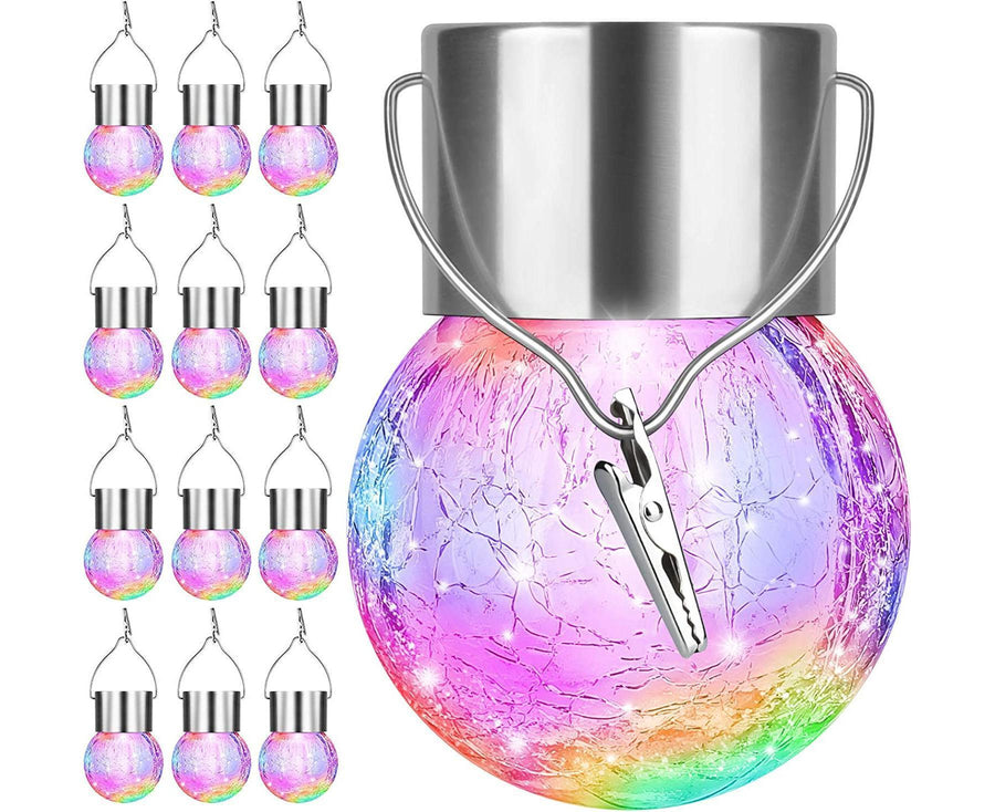 12Pack Outdoor Hanging Solar Lights - Cracked Glass Solar Lights Waterproof LED Decorative Ball Lights Tree Solar Powered -Multicolor