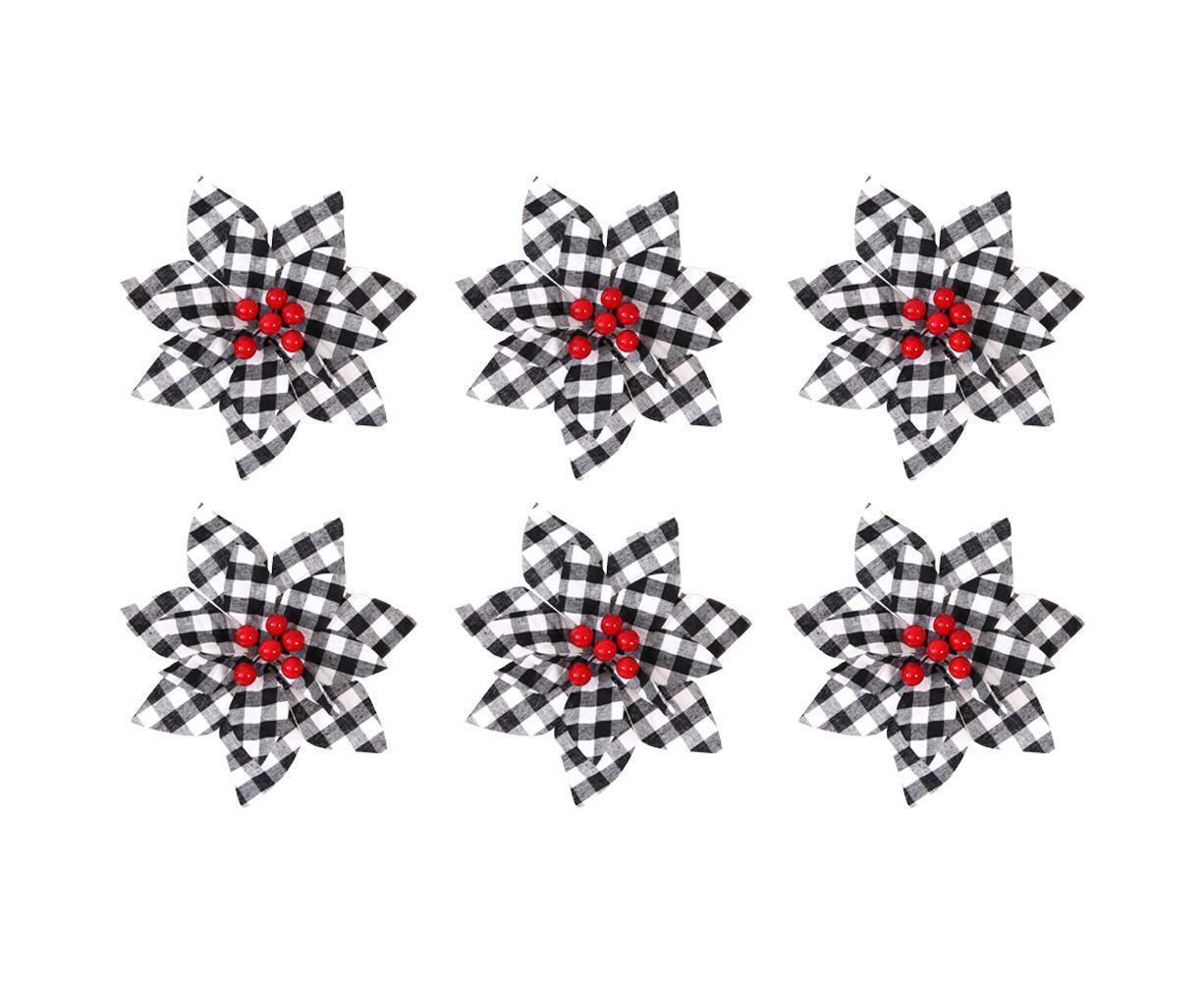 6 Pcs Christmas Plaid Flower Xmas Tree Ornaments For Vintage Xmas Tree Wreaths Wedding Holiday Decor,Black And White Plaid