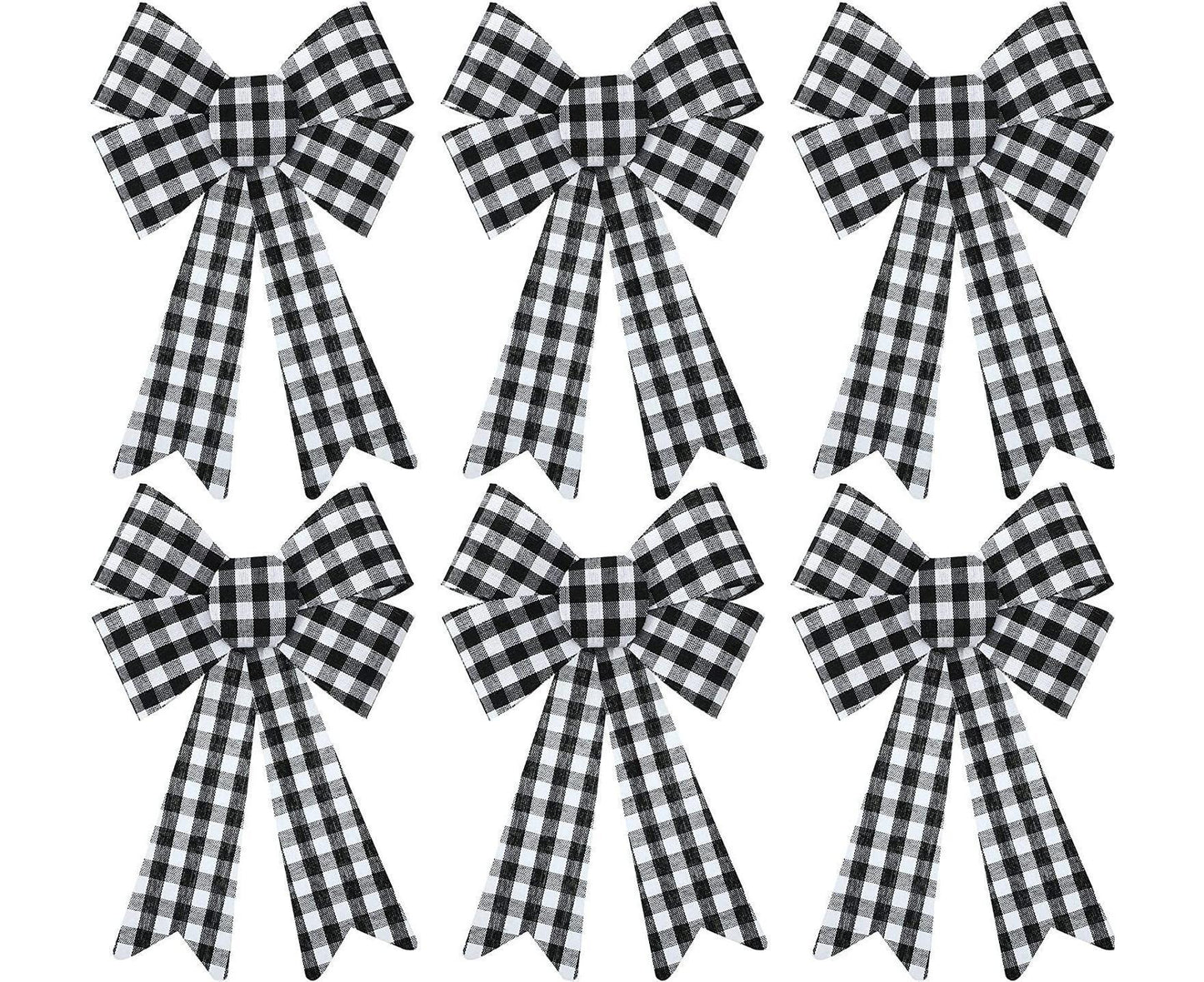 6 Pieces Large Christmas Wreath Bow Plaid Christmas Bow PVC Plastic Xmas Plaid Check Wrapping Bow for Christmas Indoor Outdoor Decorations - Black and White