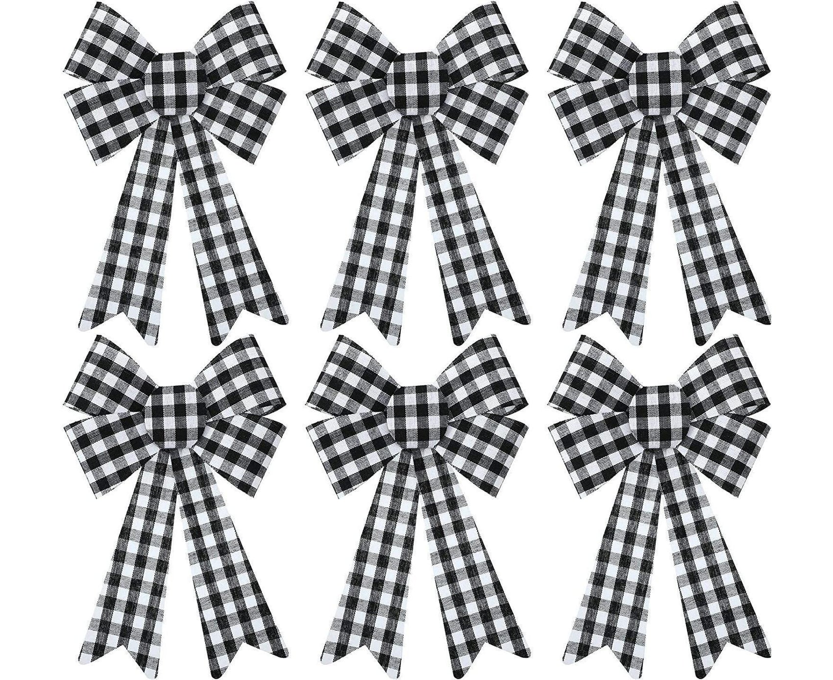 6 Pieces Large Christmas Wreath Bow Plaid Christmas Bow PVC Plastic Xmas Plaid Check Wrapping Bow for Christmas Indoor Outdoor Decorations - Black and White