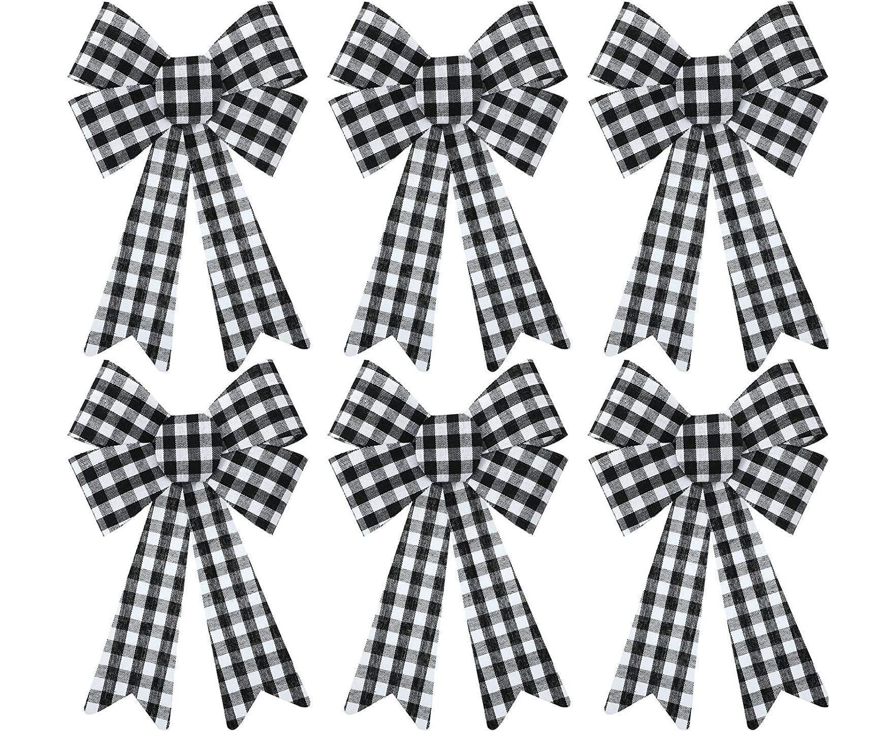 6 Pieces Large Christmas Wreath Bow Plaid Christmas Bow PVC Plastic Xmas Plaid Check Wrapping Bow for Christmas Indoor Outdoor Decorations - Black and White