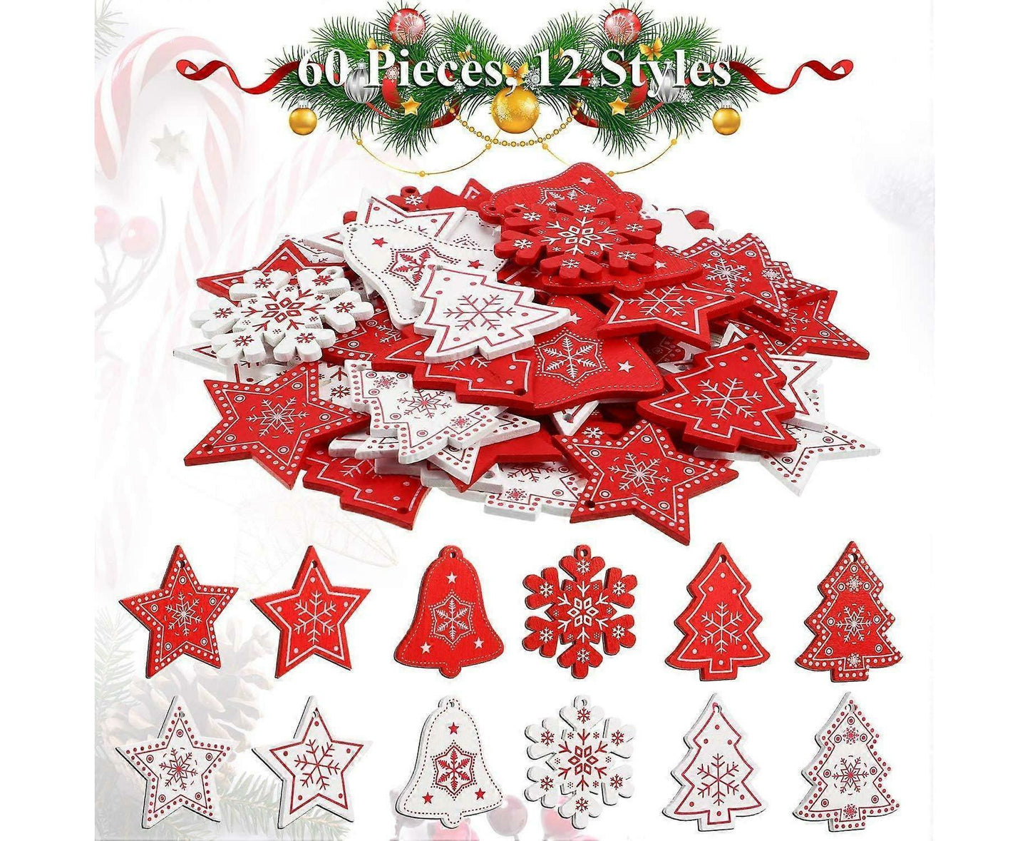 60 Pcs Christmas Wood Hanging Ornaments Wood Slices Christmas Tree Decoration for Party Christmas Tree Decoration