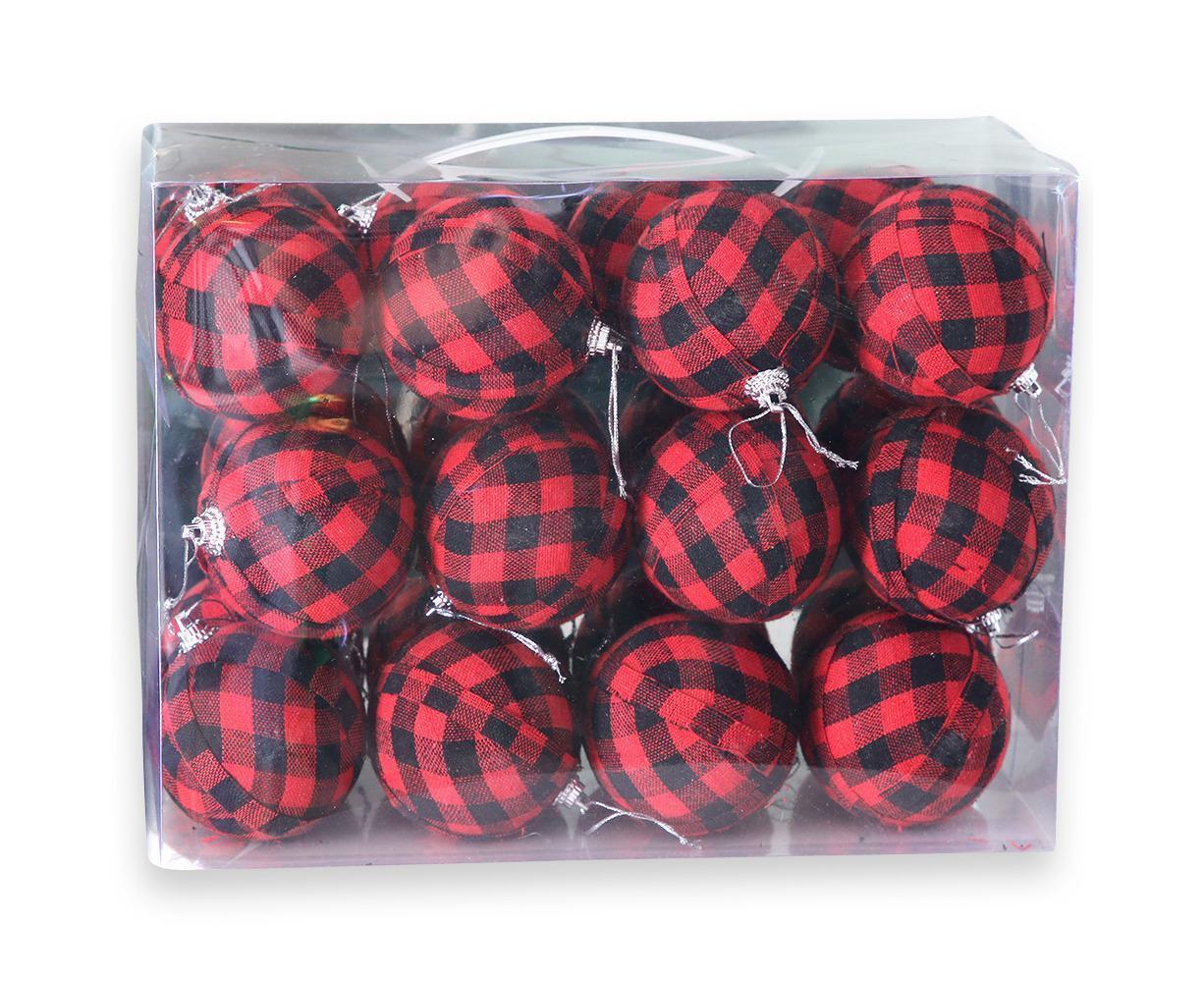Plaid Ball Ornaments Christmas Decor Fabric Wrapped Balls Xmas Holiday For Home Decoration,Red And Black Plaid-24/Box