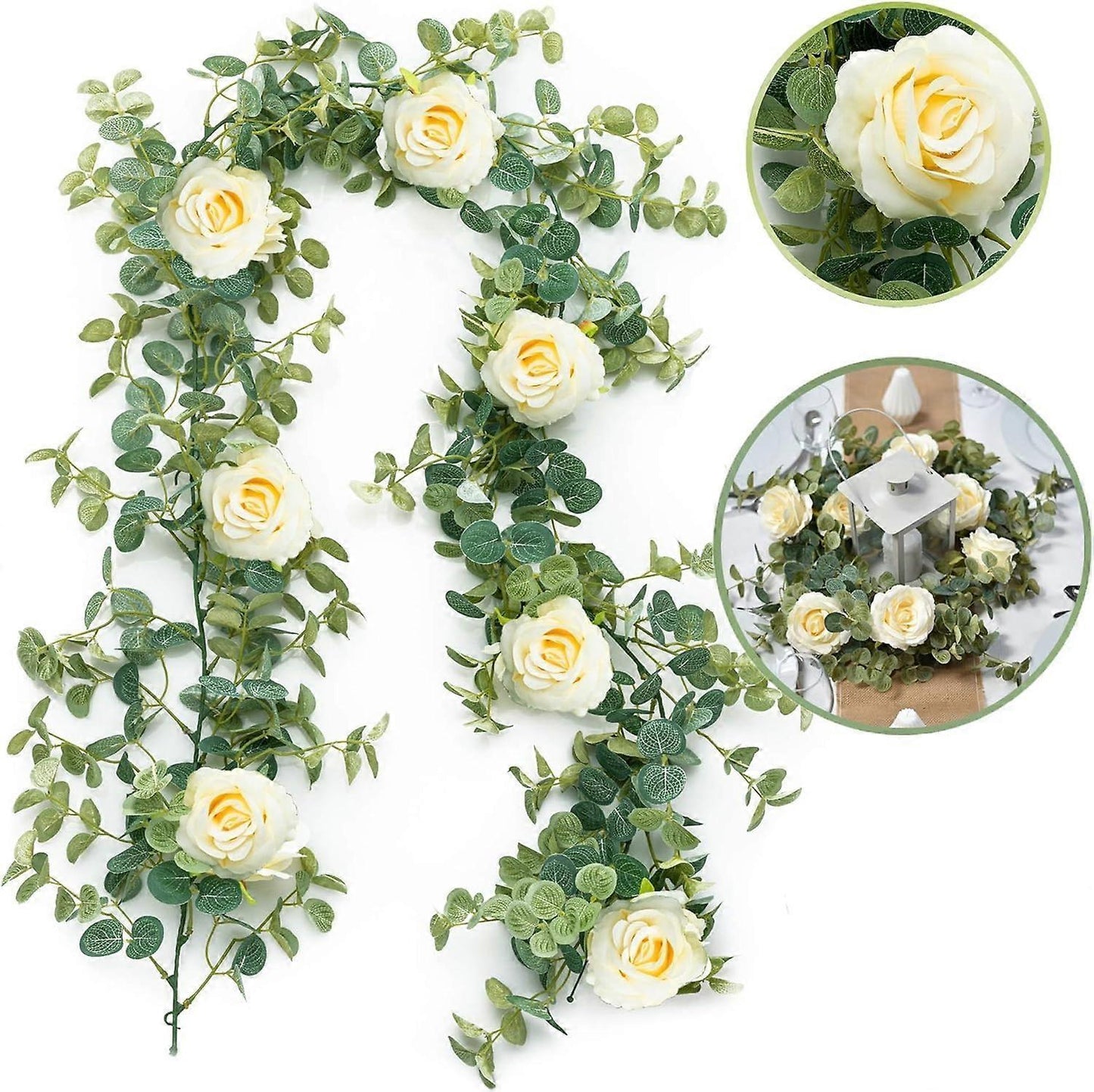 Artificial Eucalyptus Garland with Flowers Champagne Roses Long Fake Flower Garland Eucalyptus Leaves Greenery Garland